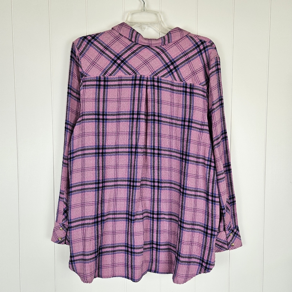 J Jill Tunic Shirt Pink Plaid Texture Crinkled Button Up Womens L Petite Loose - Picture 7 of 8